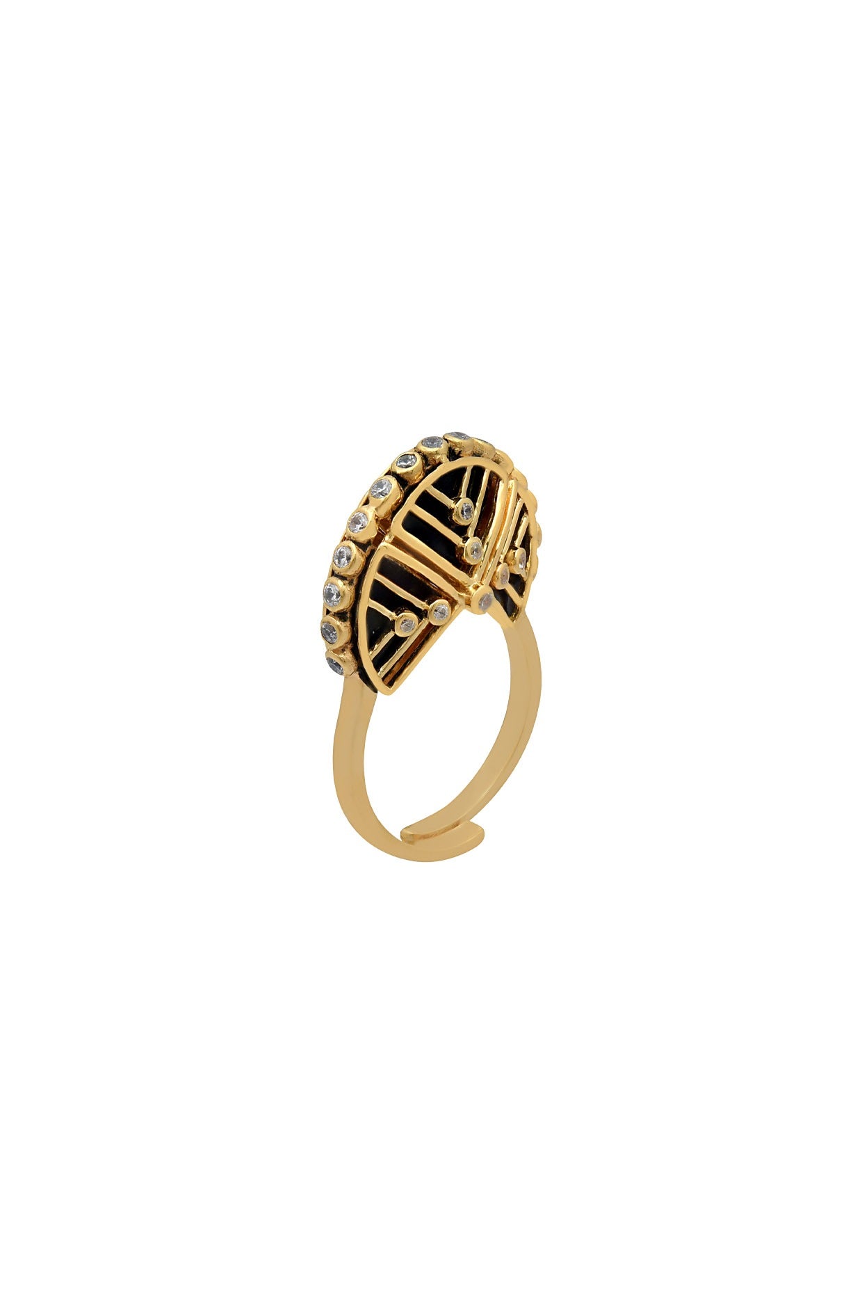 Gold Finish Black Zircon & Enameled Crown Ring In Sterling Silver