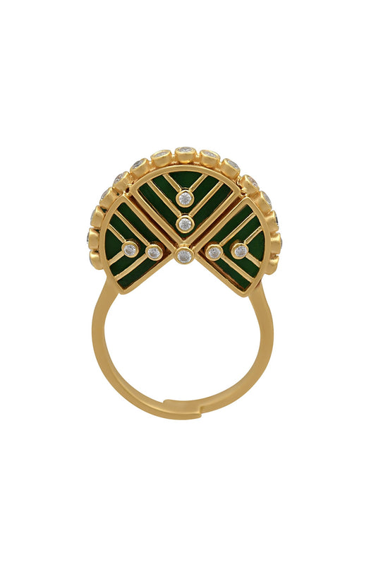 Gold Finish Green Enameled & Zircon Crown Ring In Sterling Silver