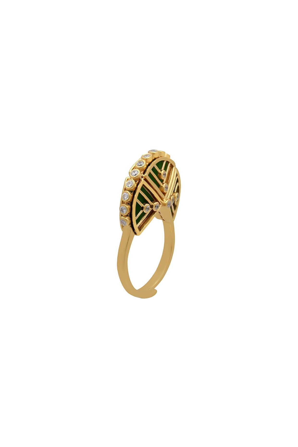 Gold Finish Green Enameled & Zircon Crown Ring In Sterling Silver