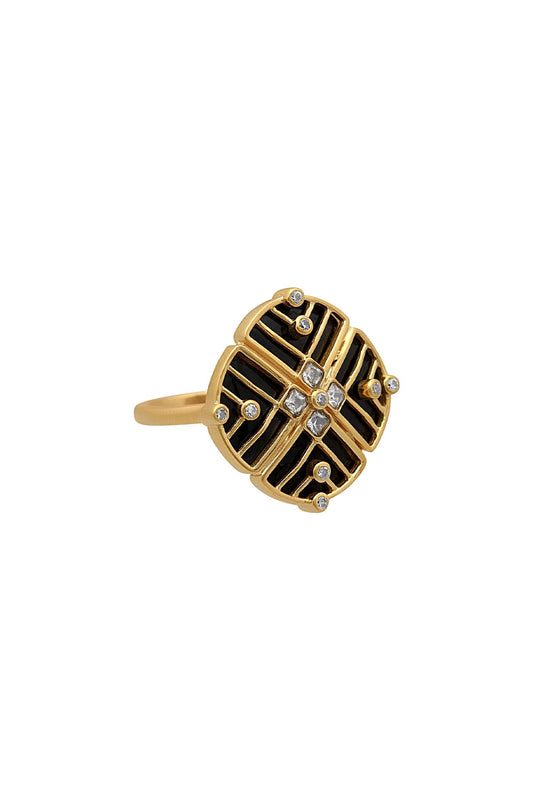 Gold Finish Zircon & Enameled Floral Ring In Sterling Silver