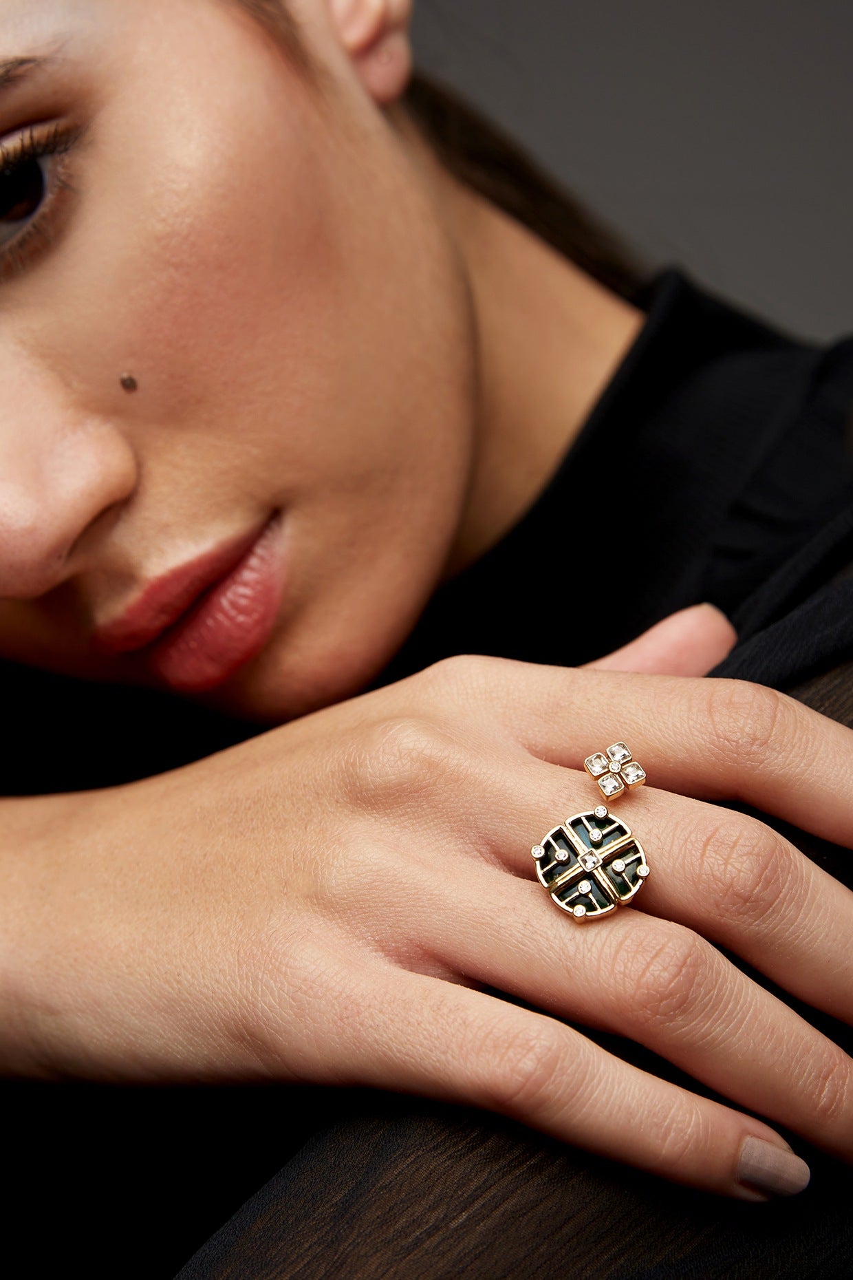 Gold Finish Enameled Ring In Sterling Silver