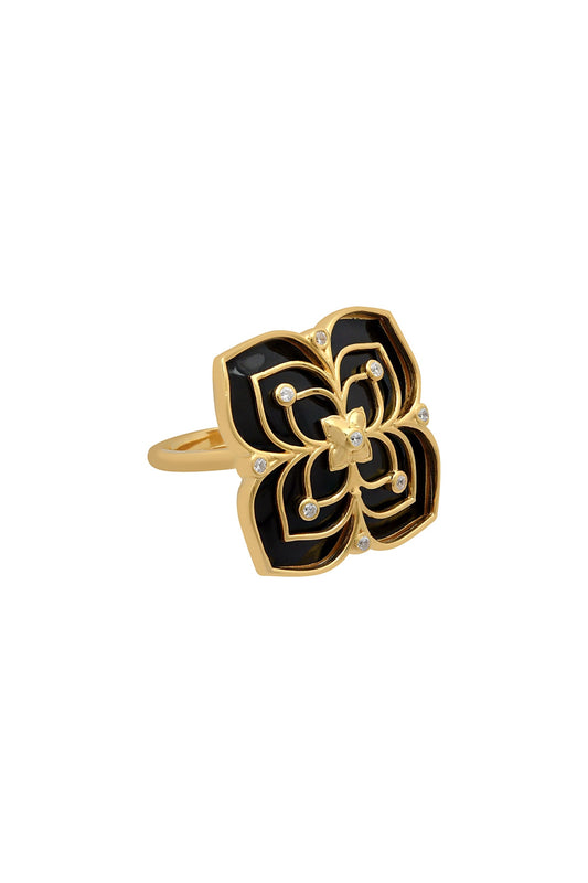 Gold Finish Zircon & Enameled Floral Ring In Sterling Silver