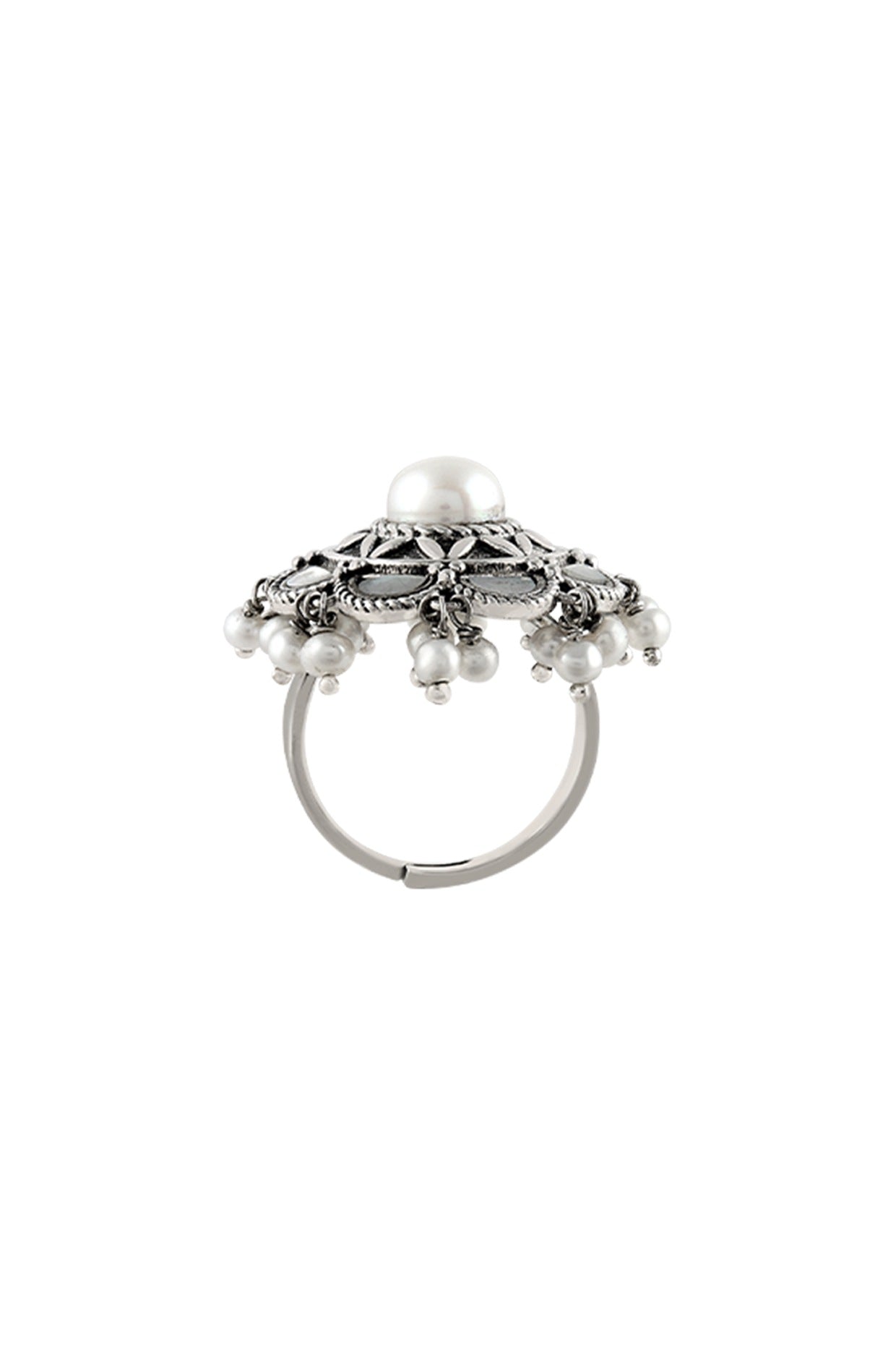 Silver Finish Oxidised Pearl Ring In Sterling Silver