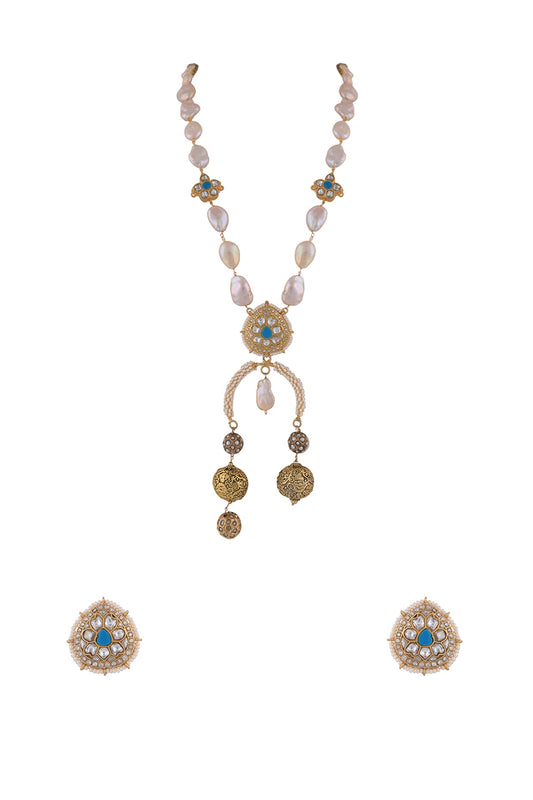 Matt Gold Plated Jadtar Stone & Baroque Pearl Long Necklace Set