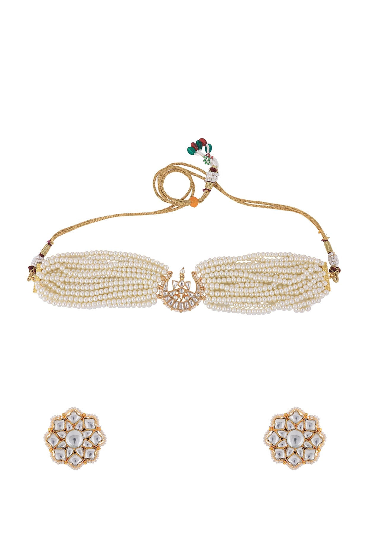 Matt Gold Plated Jadtar Stone & Pearl Choker Necklace Set