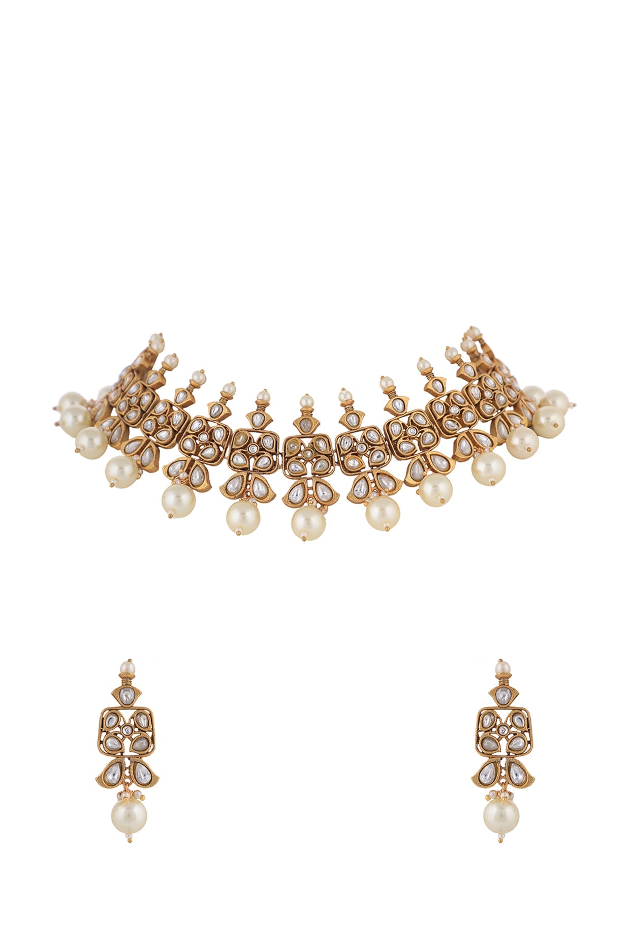 Matt Gold Plated Pearl Choker Necklace Set