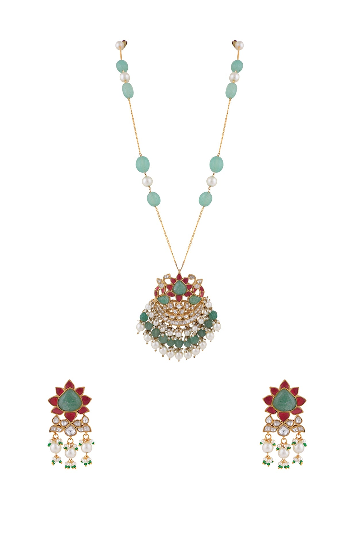 Matt Gold Plated Jadtar Stone & Beaded Long Necklace Set