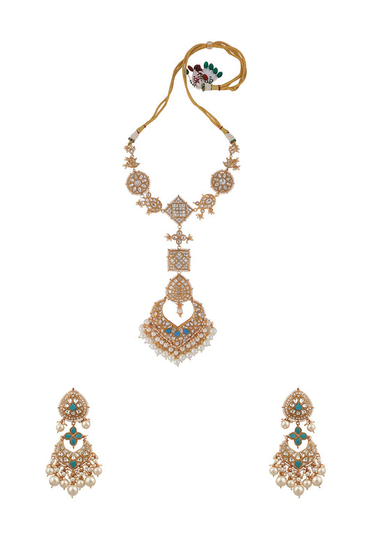 Matt Gold Plated Jadtar Stone & Pearl Long Necklace Set