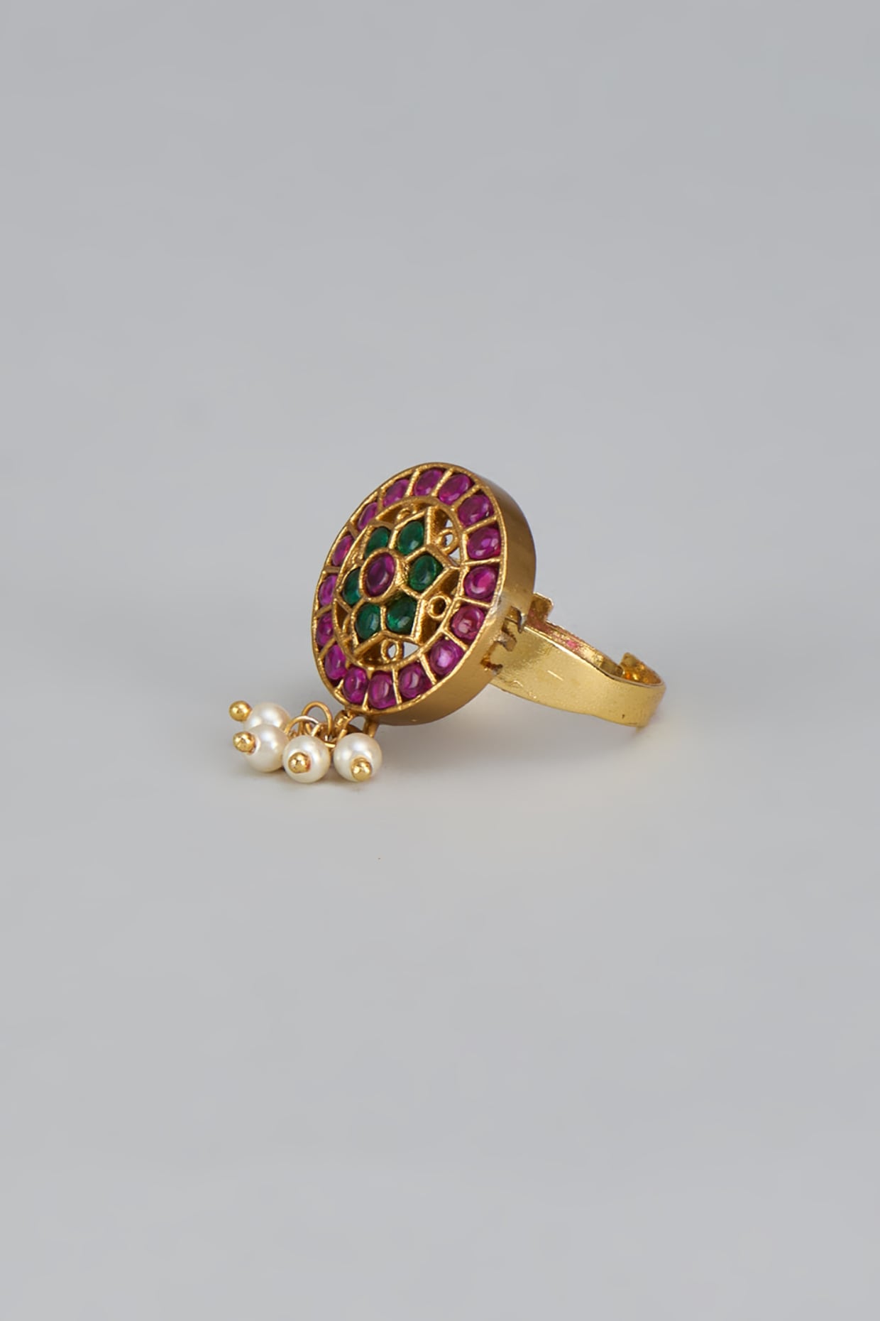 Gold Finish Kemp Stone & Pearl Temple Ring