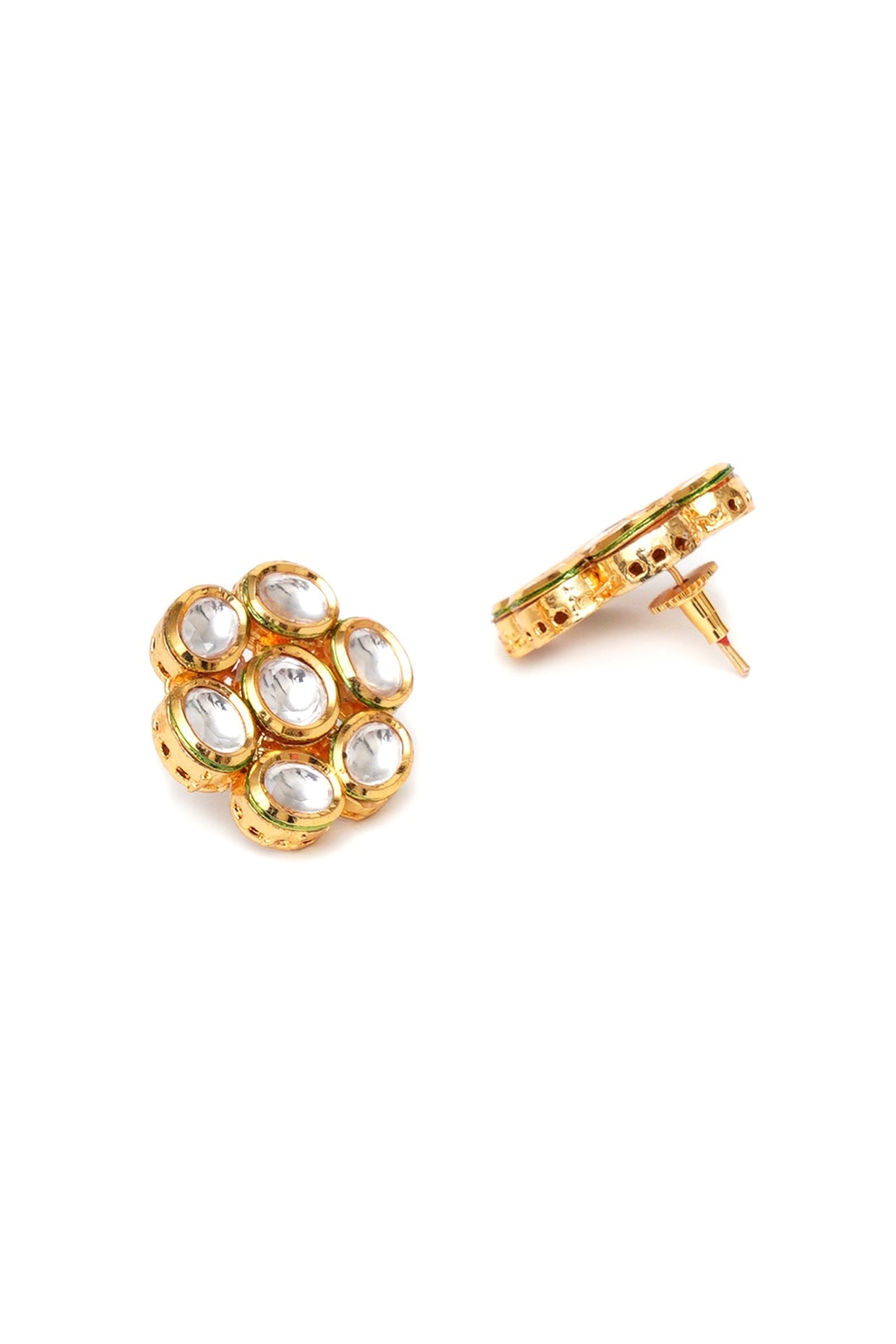 Gold Finish Kundan Polki Stud Earrings With Maang Tikka