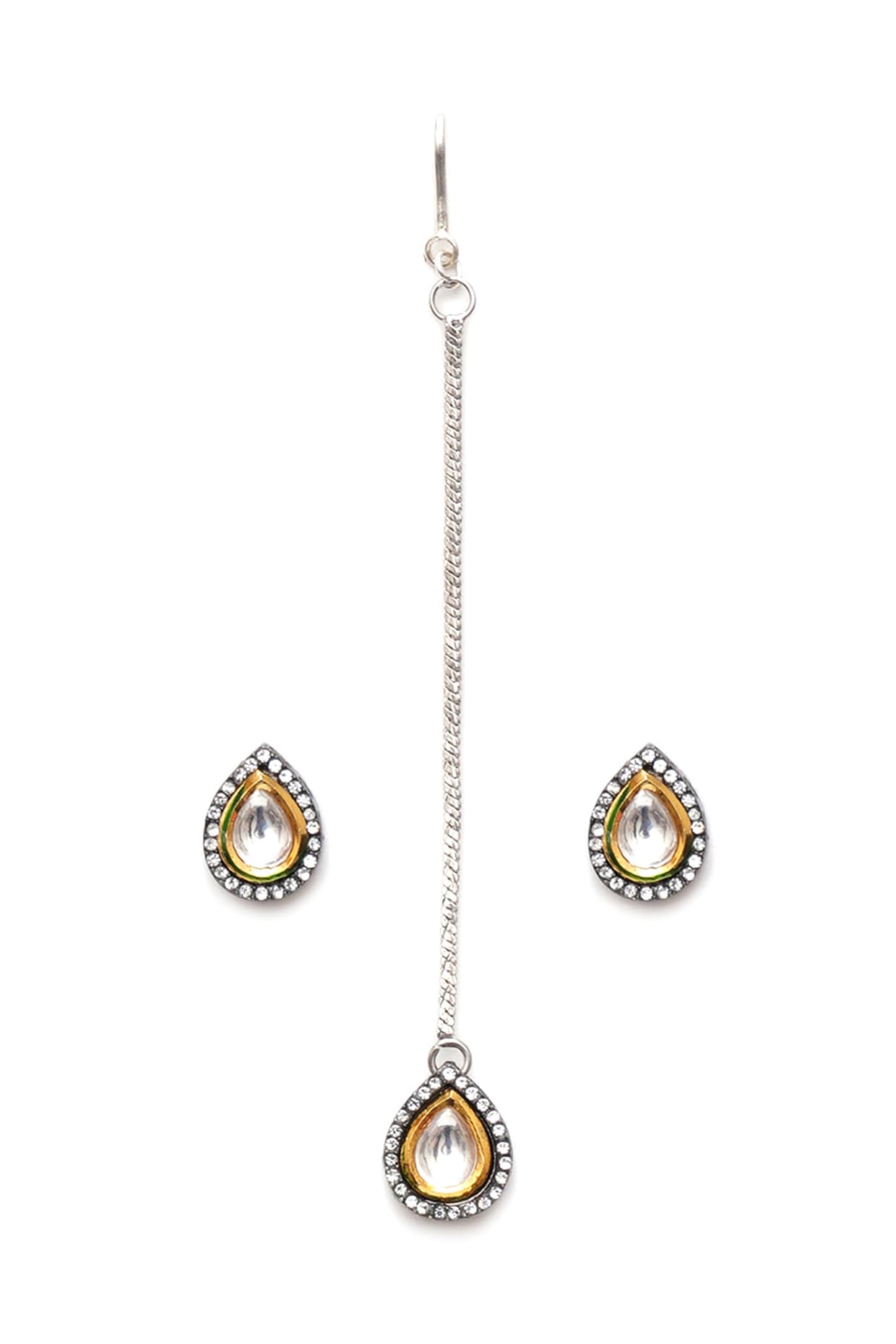 Black Rhodium Finish Kundan Polki & Diamond Stud Earrings With Maang Tikka