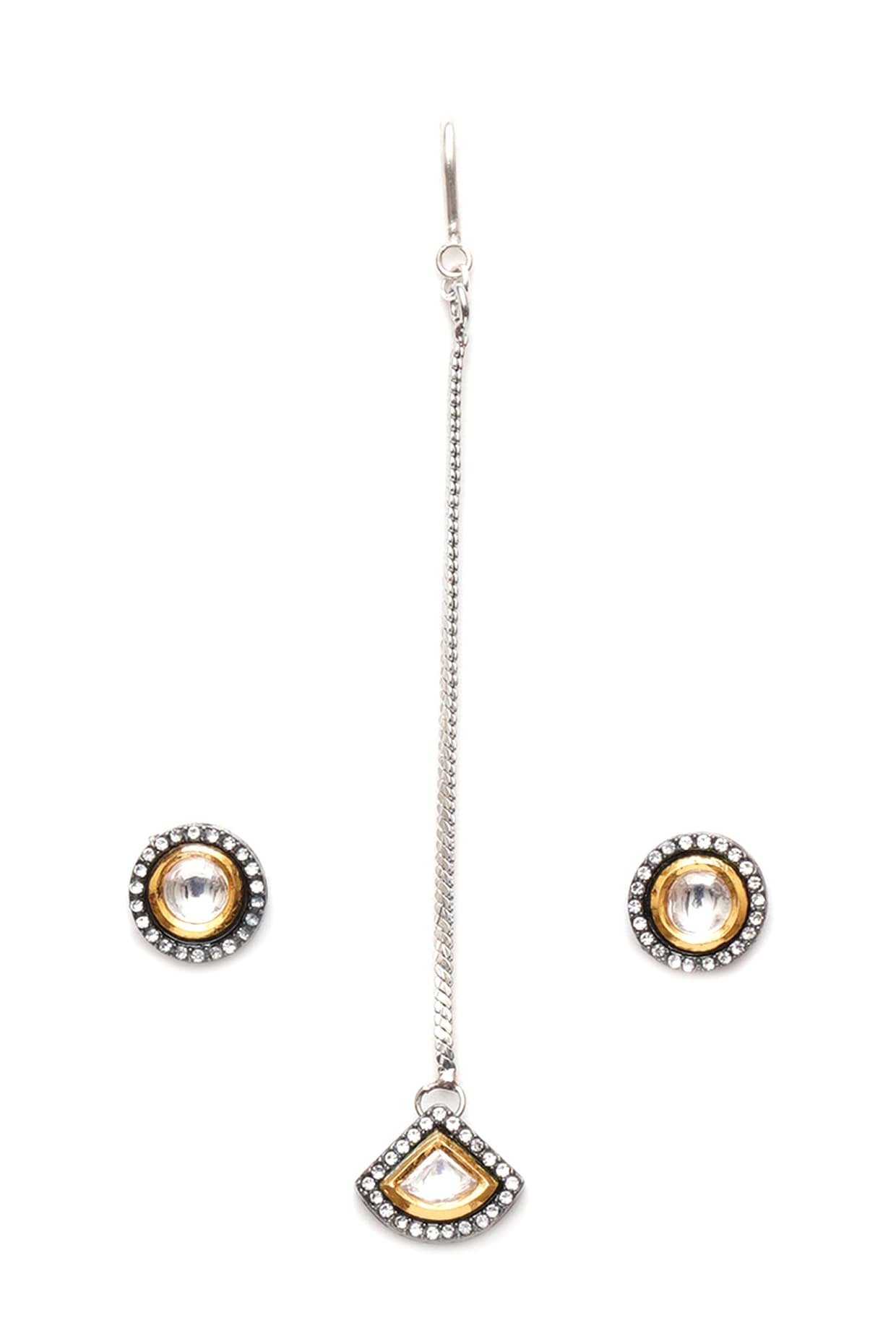 Black Rhodium Finish Kundan Polki & Diamond Stud Earrings With Maang Tikka