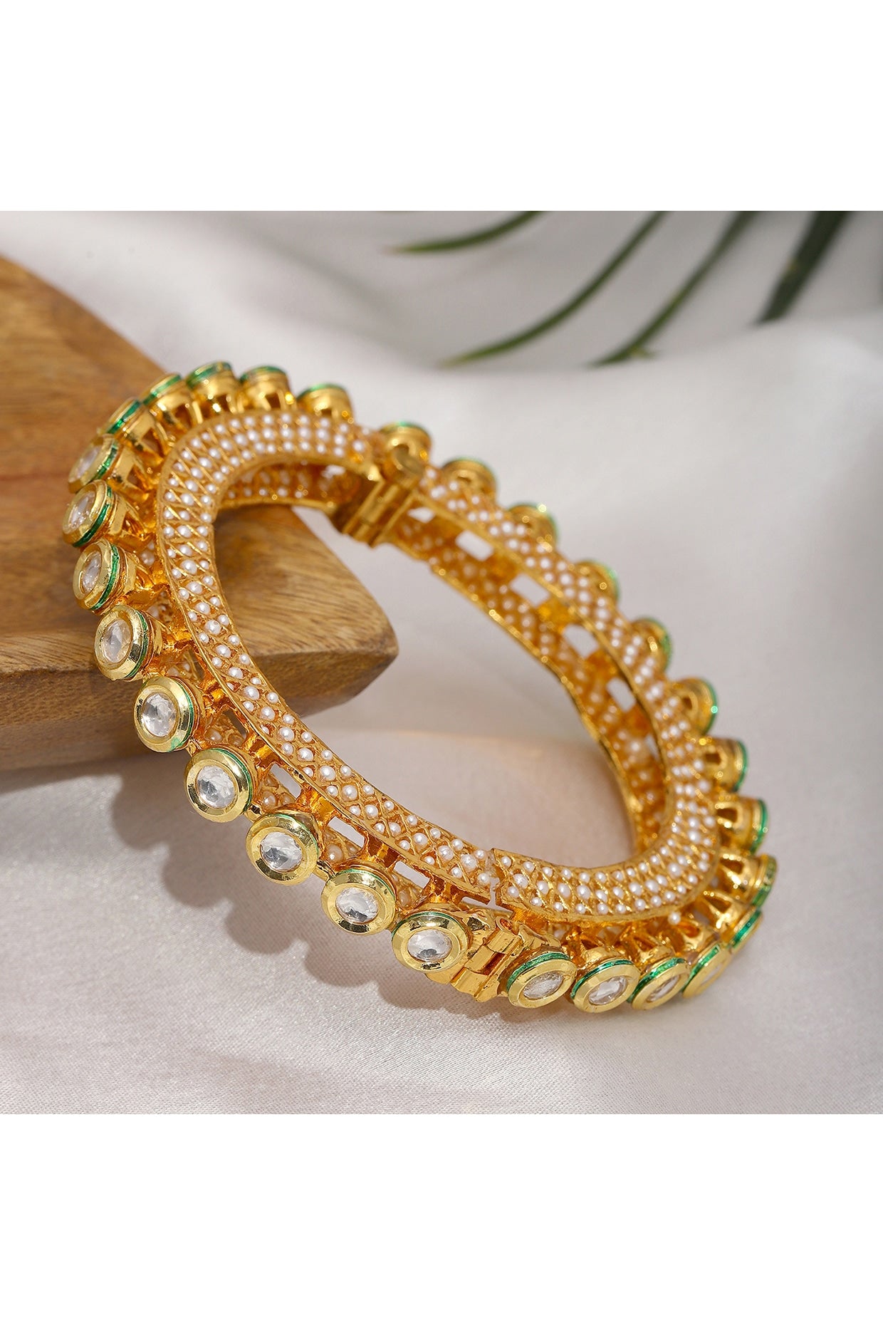 Gold Finish Kundan Polki & Pearl Bangle