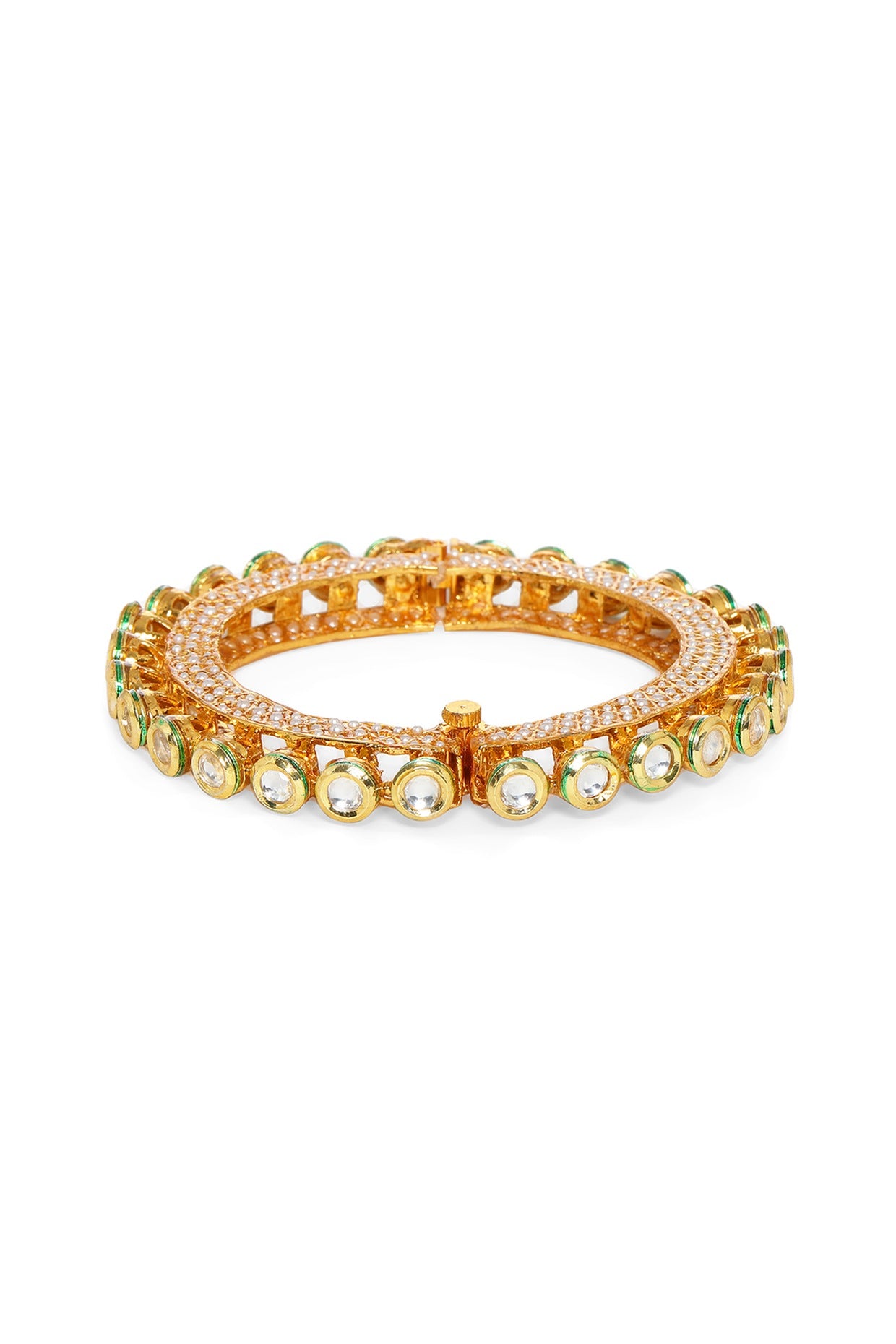 Gold Finish Kundan Polki & Pearl Bangle