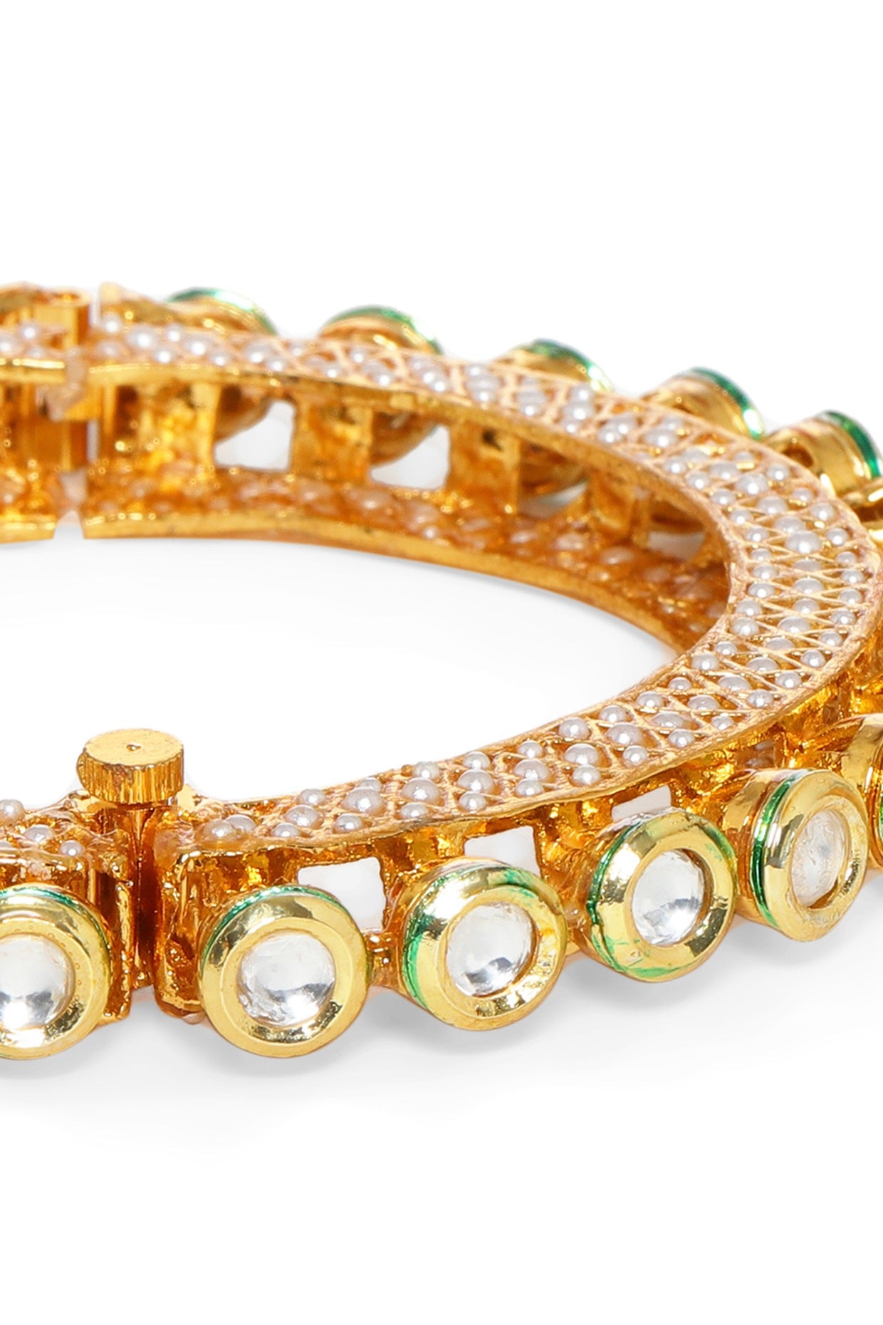 Gold Finish Kundan Polki & Pearl Bangle