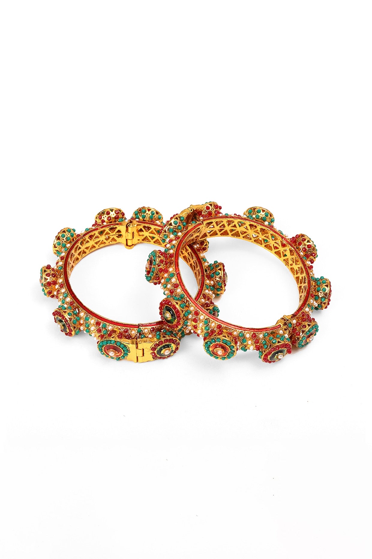 Gold Finish Multi-Colored Kundan Polki Bangles (Set Of 2)