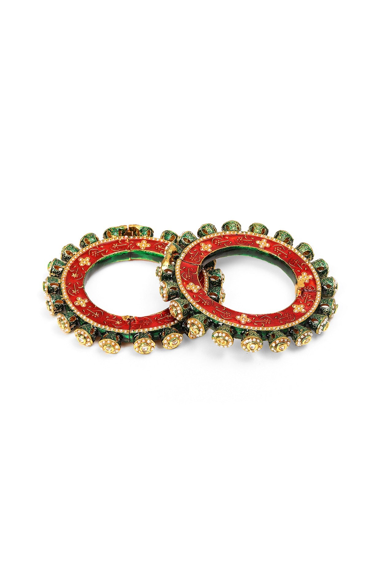 Gold Finish Multi-Colored Kundan Polki Bangles (Set Of 2)