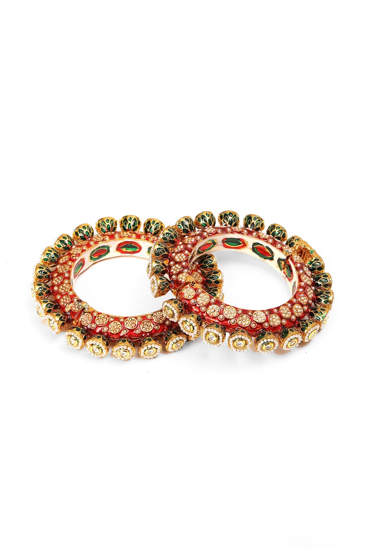 Gold Finish Multi-Colored Kundan Polki Bangles (Set Of 2)