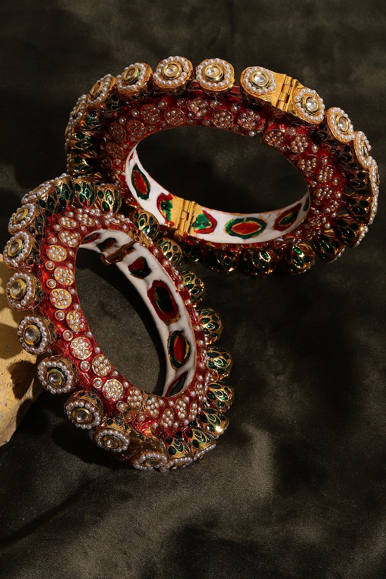 Gold Finish Multi-Colored Kundan Polki Bangles (Set Of 2)