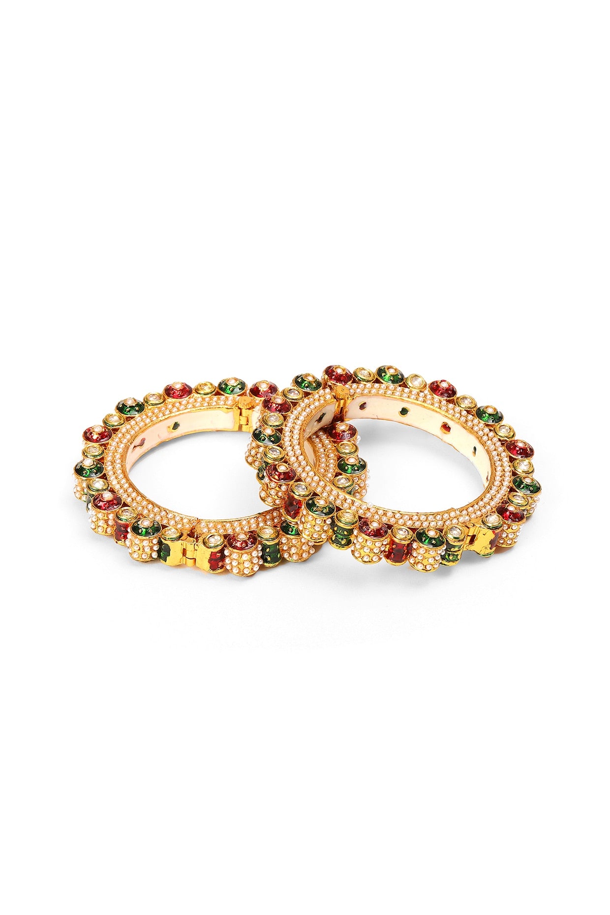 Gold Finish Multi-Colored Kundan Polki Bangles (Set Of 2)