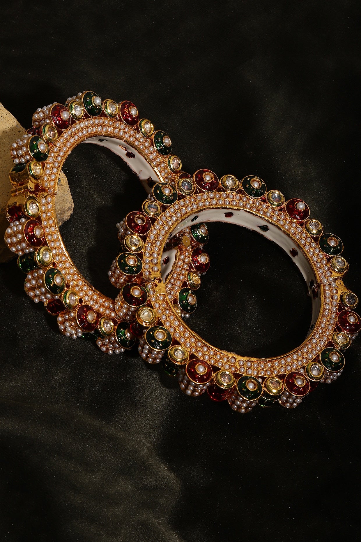 Gold Finish Multi-Colored Kundan Polki Bangles (Set Of 2)