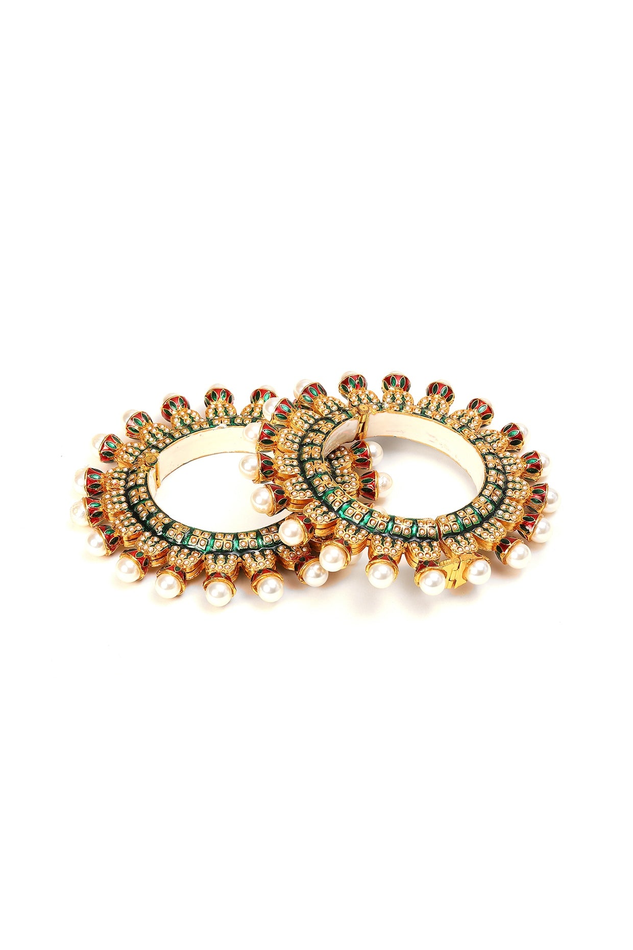 Gold Finish Multi-Colored Kundan Polki Bangles (Set Of 2)