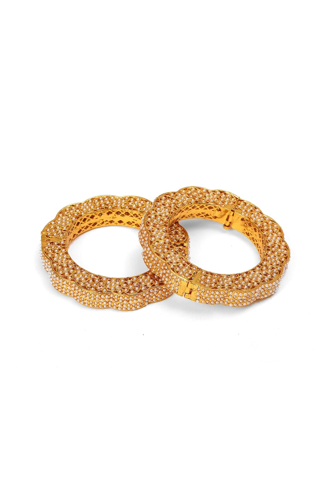 Gold Finish White Kundan Polki Bangles (Set Of 2)