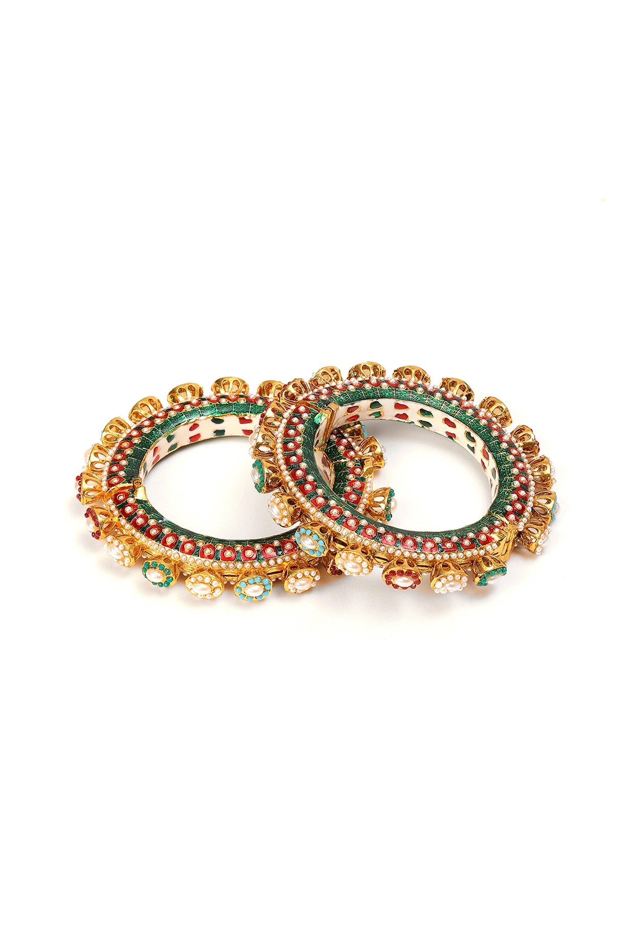 Gold Finish Multi-Colored Kundan Polki Bangles (Set Of 2)