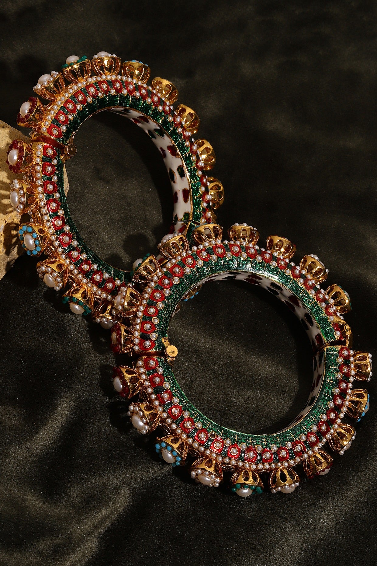 Gold Finish Multi-Colored Kundan Polki Bangles (Set Of 2)