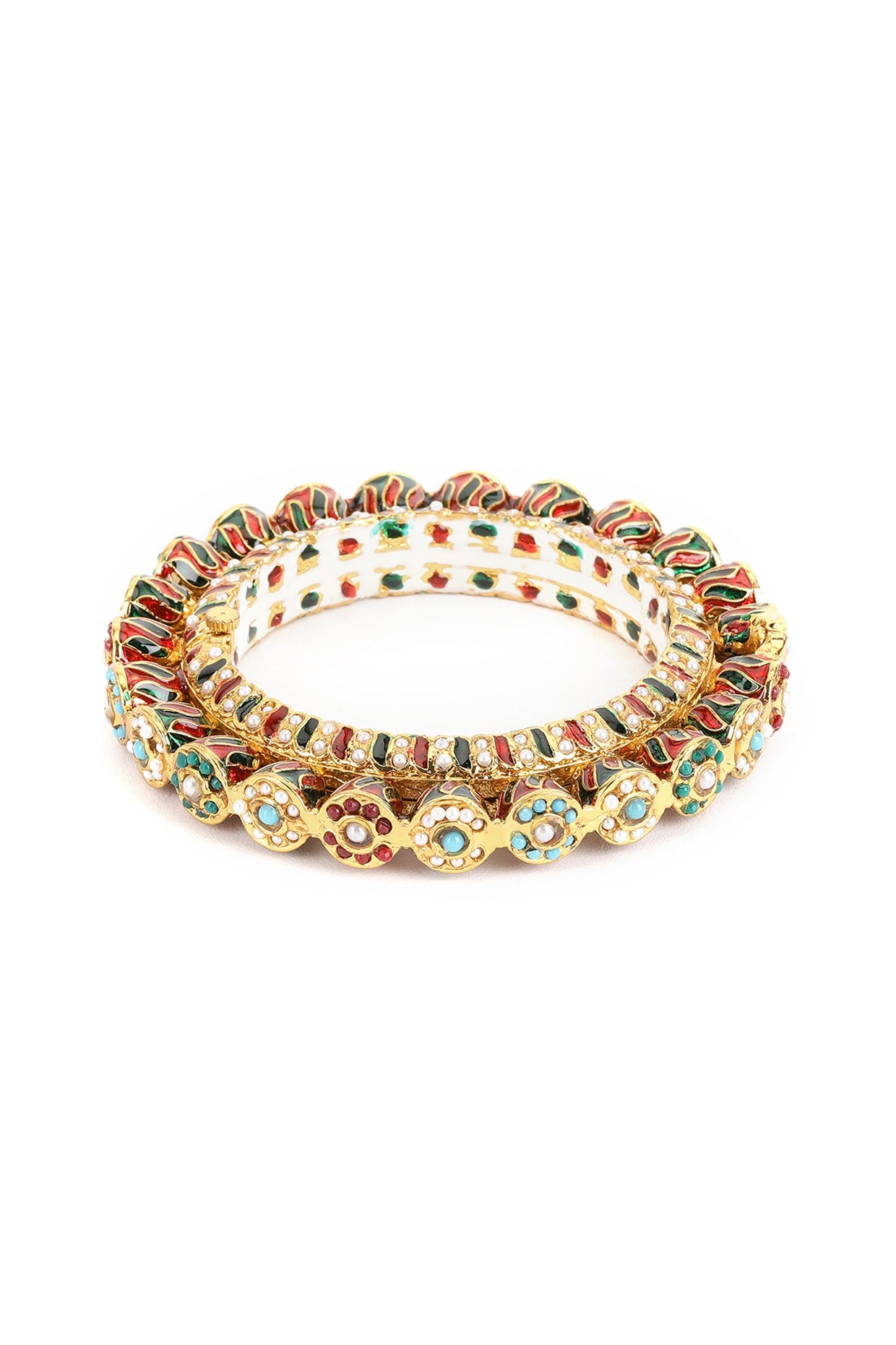 Gold Finish Multi-Colored Kundan Polki Bangles (Set Of 2)