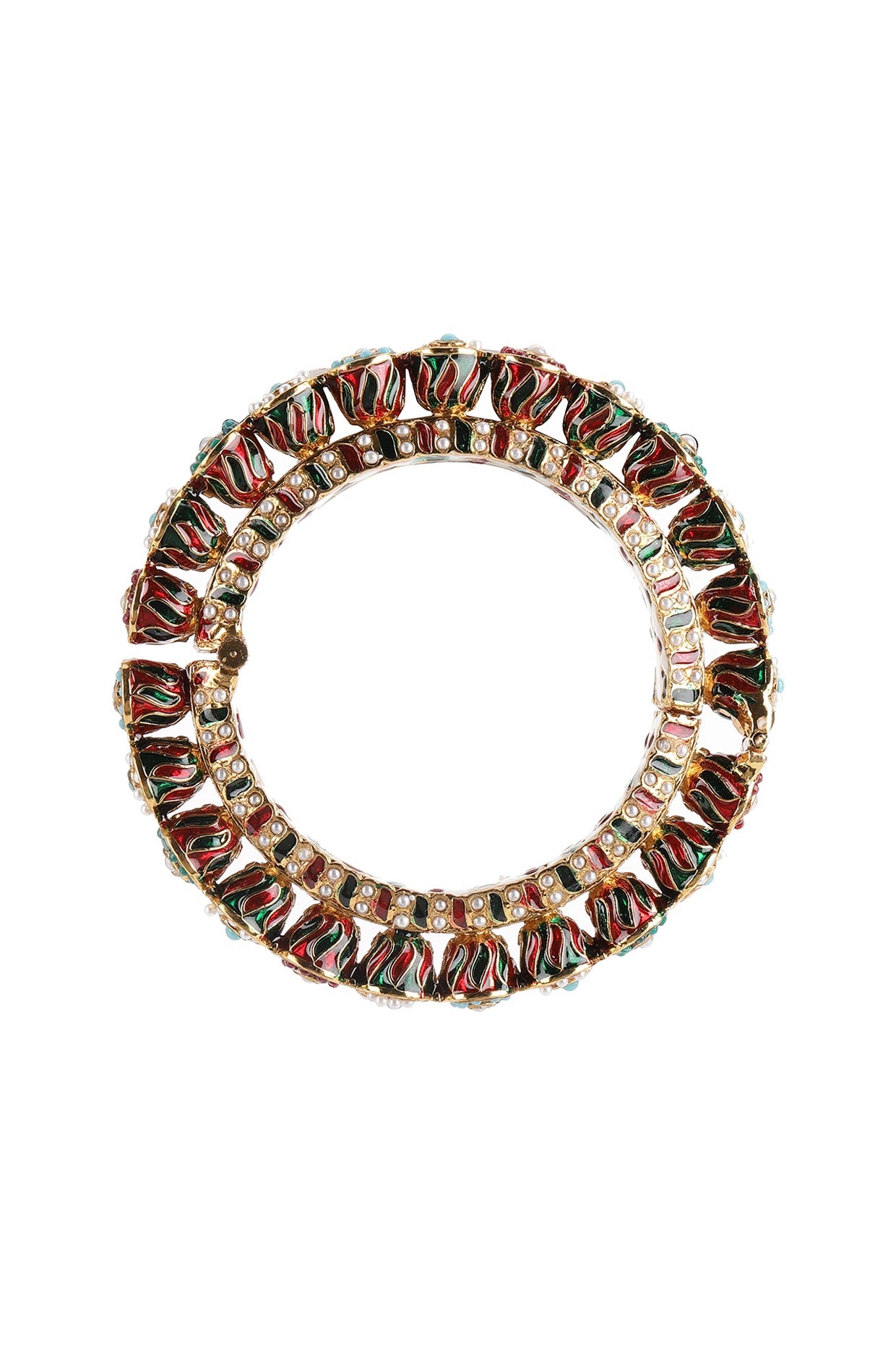 Gold Finish Multi-Colored Kundan Polki Bangles (Set Of 2)