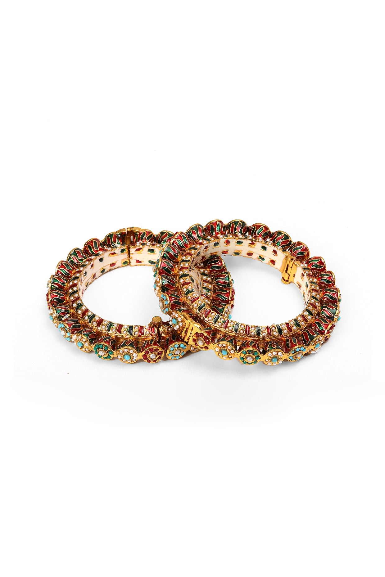 Gold Finish Multi-Colored Kundan Polki Bangles (Set Of 2)