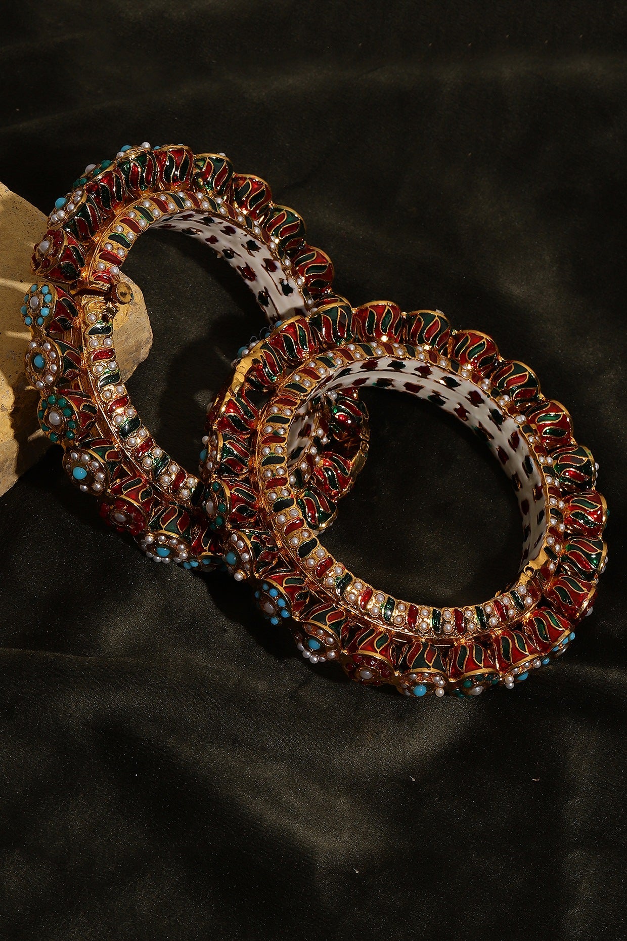 Gold Finish Multi-Colored Kundan Polki Bangles (Set Of 2)