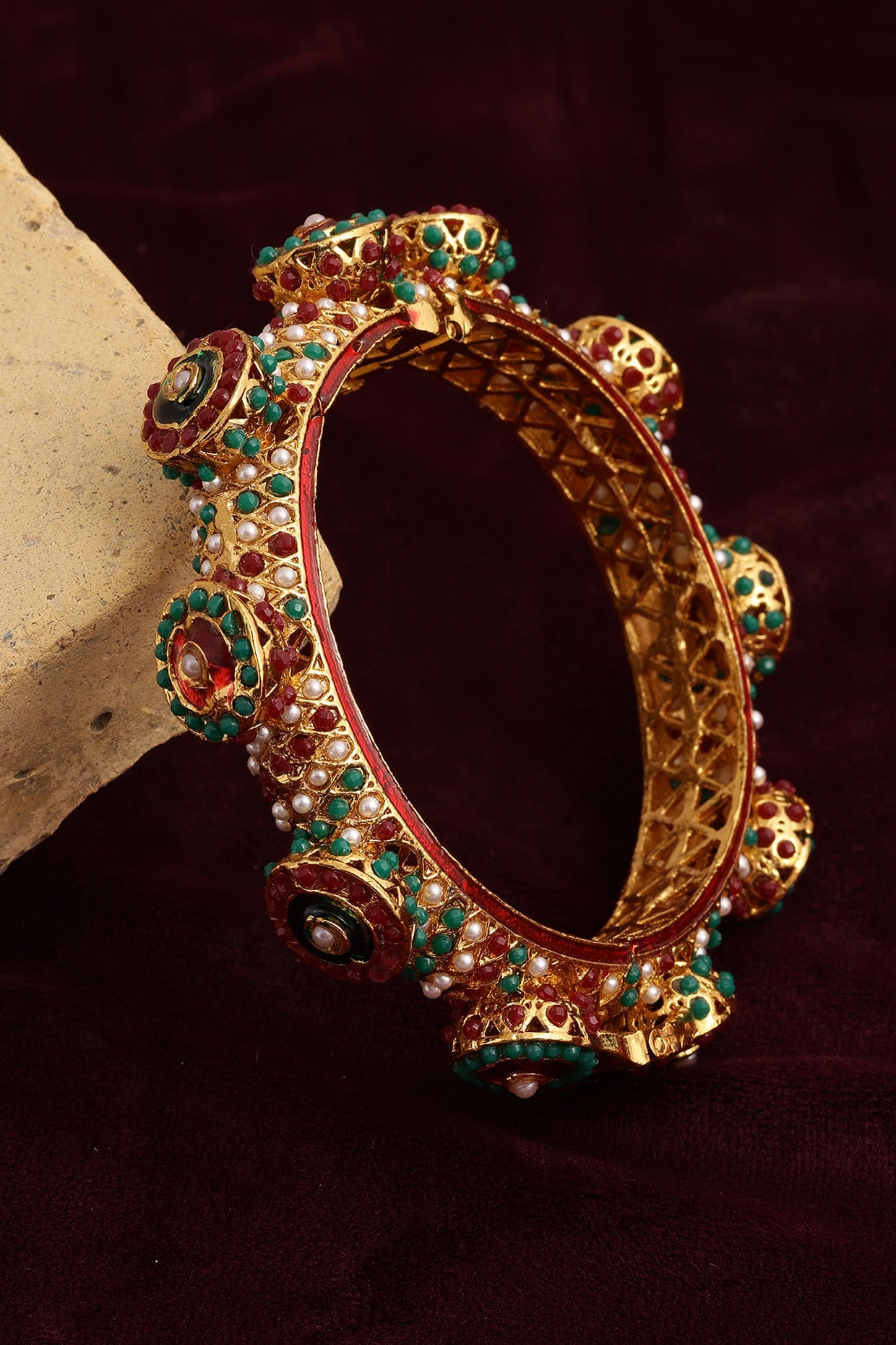 Gold Finish Multi-Colored Kundan Polki Bangle