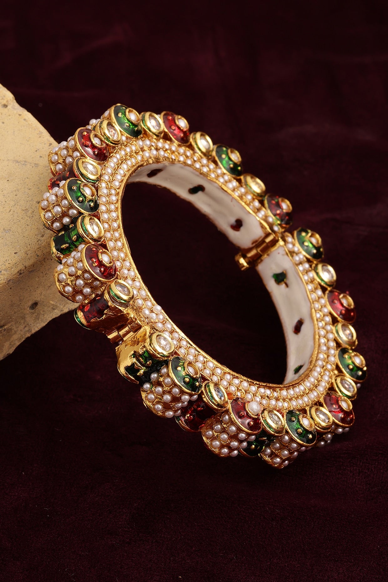 Gold Finish Multi-Colored Kundan Polki Bangle