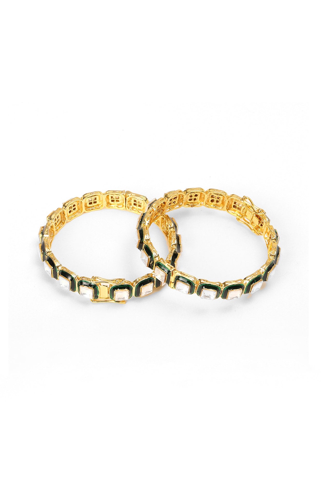 Gold Finish Green Kundan Polki Meenakari Bangles (Set Of 2)