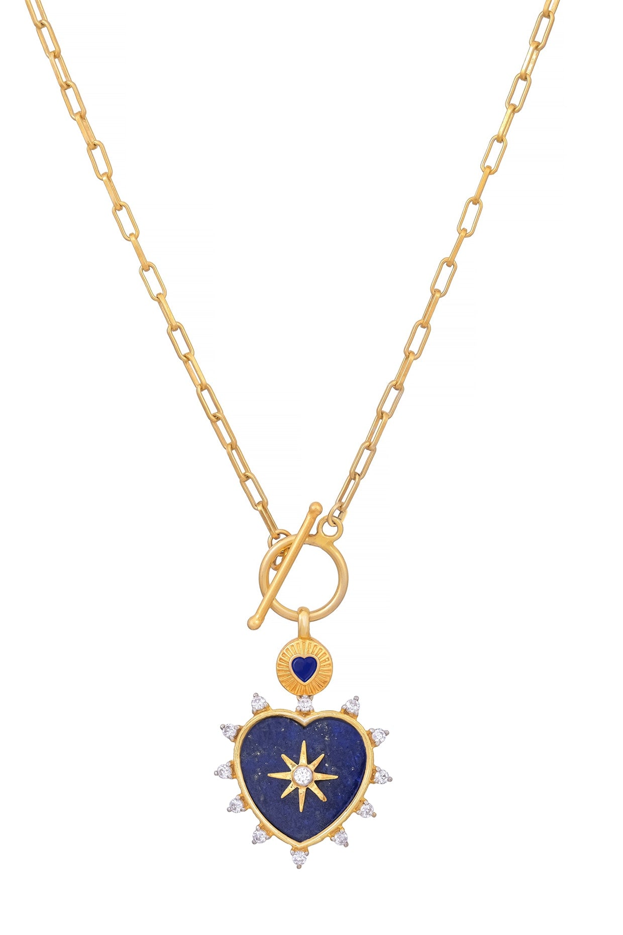 Gold Plated Lapis Lazuli Enamelled Heart Pendant Necklace In Sterling Silver