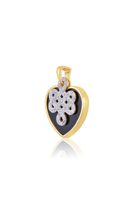 Gold Plated Black Onyx & Cubic Zirconia Heart Pendant Necklace In Sterling Silver