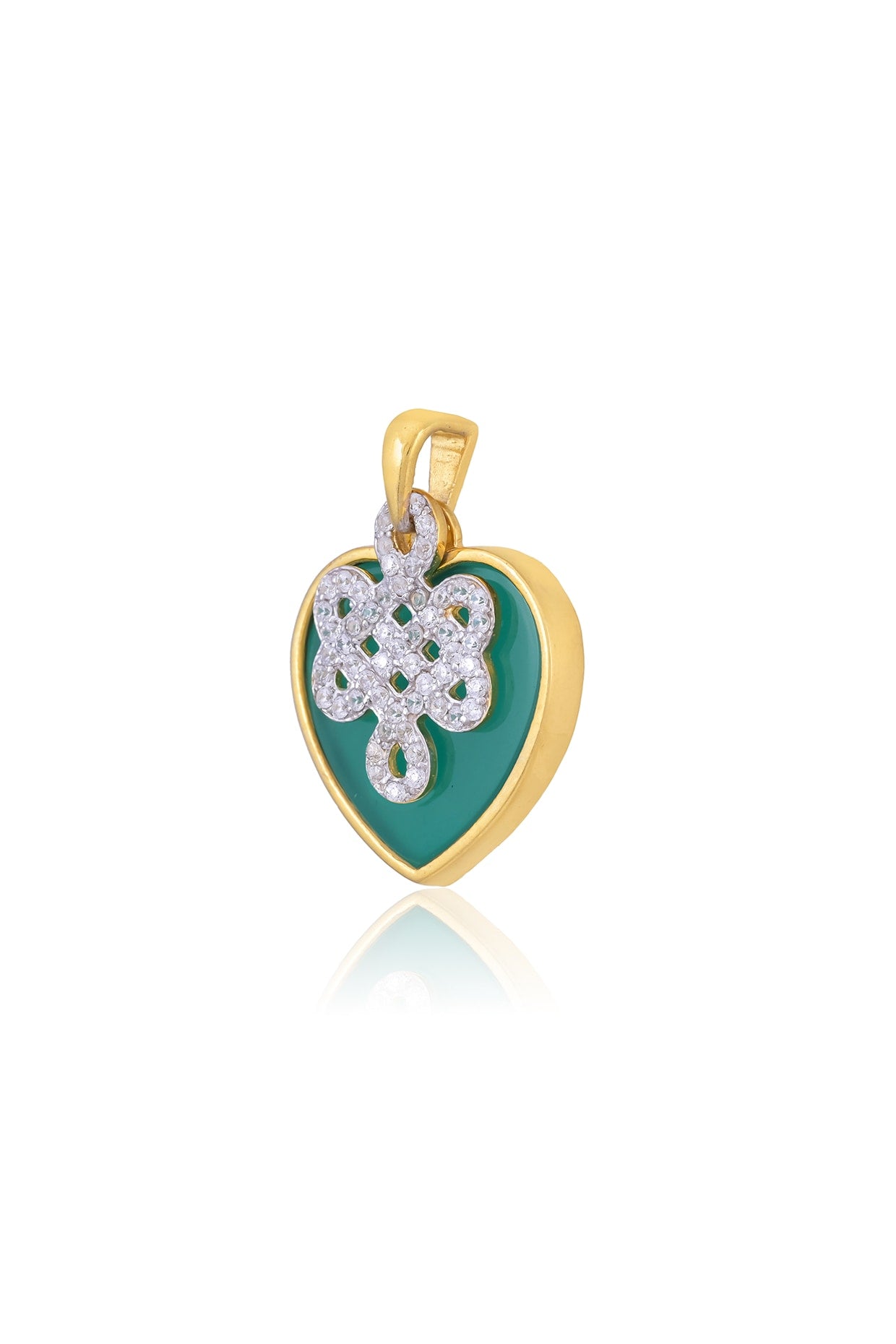 Gold Plated Green Onyx & Cubic Zirconia Heart Pendant Necklace In Sterling Silver