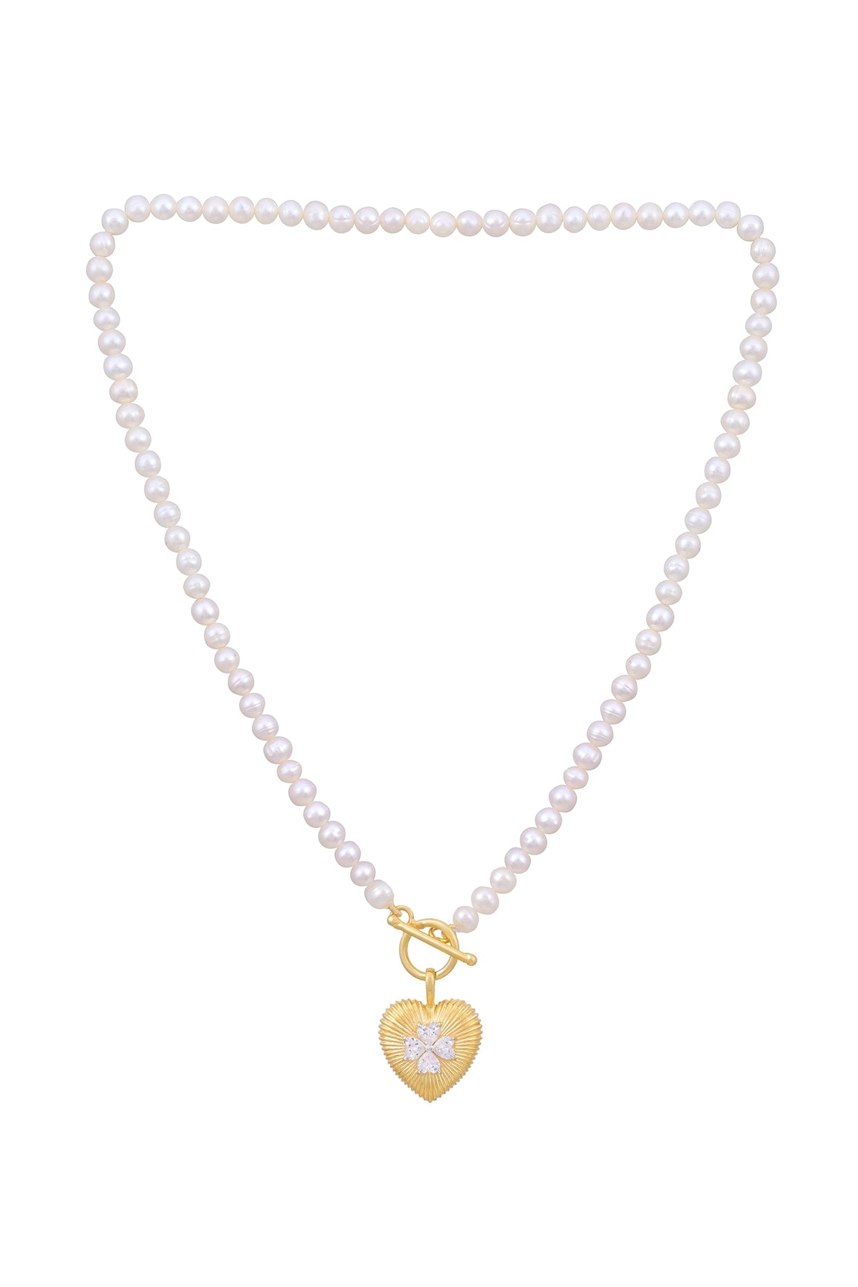 Gold Plated Cubic Zirconia & Freshwater Pearl Heart Pendant Necklace In Sterling Silver