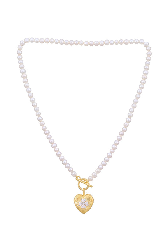 Gold Plated Cubic Zirconia & Freshwater Pearl Heart Pendant Necklace In Sterling Silver