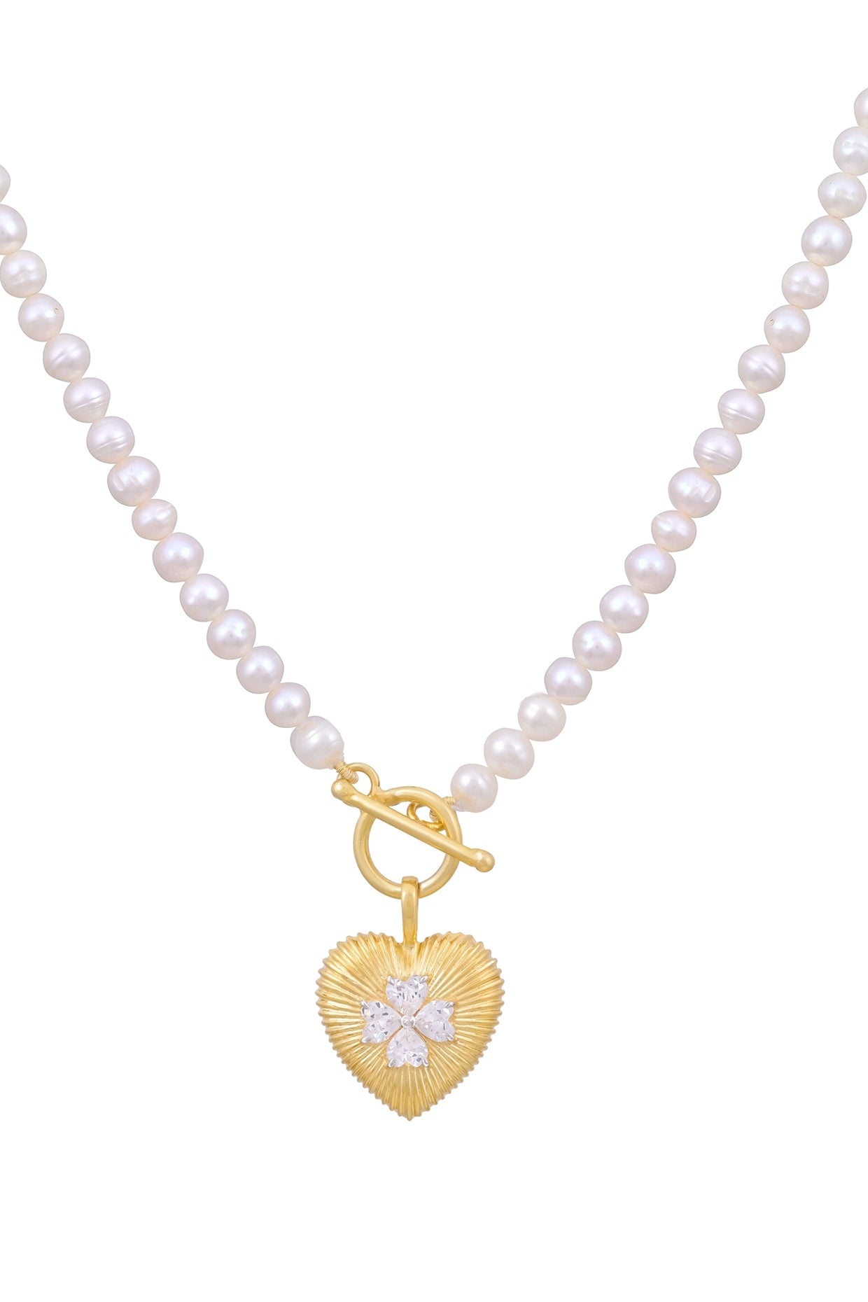 Gold Plated Cubic Zirconia & Freshwater Pearl Heart Pendant Necklace In Sterling Silver