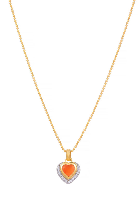 Gold Plated Carnelian Stone & Cubic Zirconia Heart Pendant Necklace In Sterling Silver