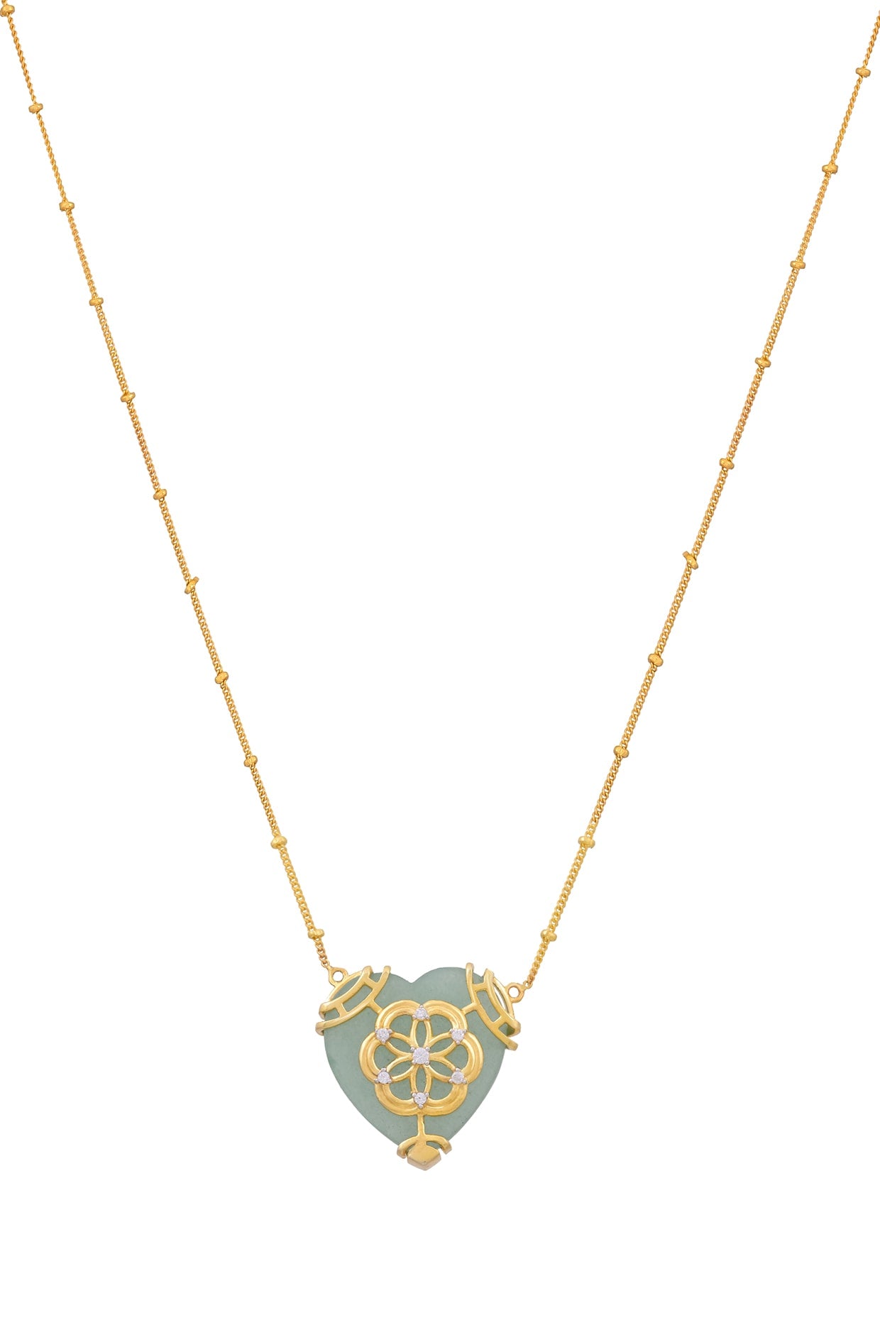 Gold Plated Green Aventurine & Cubic Zirconia Heart Pendant Necklace In Sterling Silver