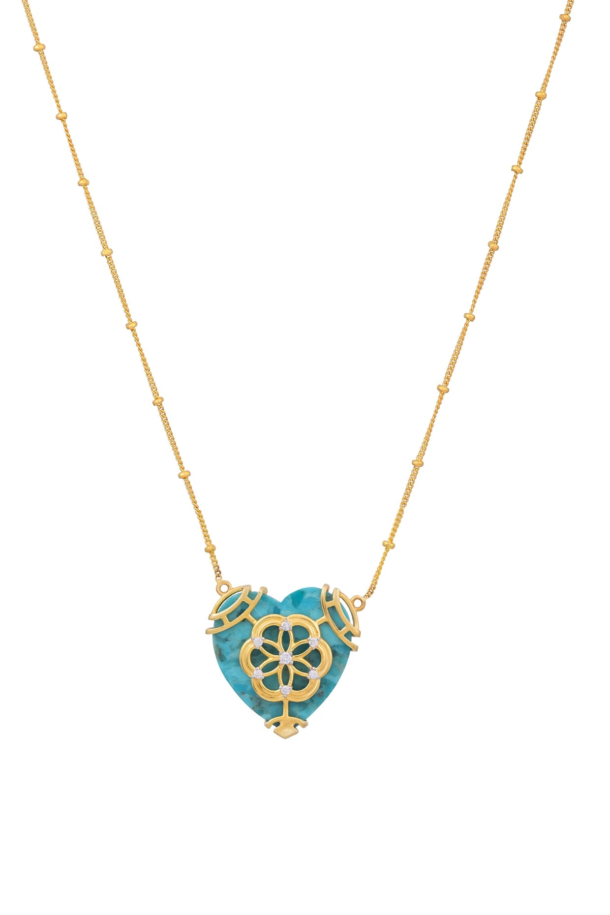 Gold Plated Turquoise Stone & Cubic Zirconia Heart Pendant Necklace In Sterling Silver