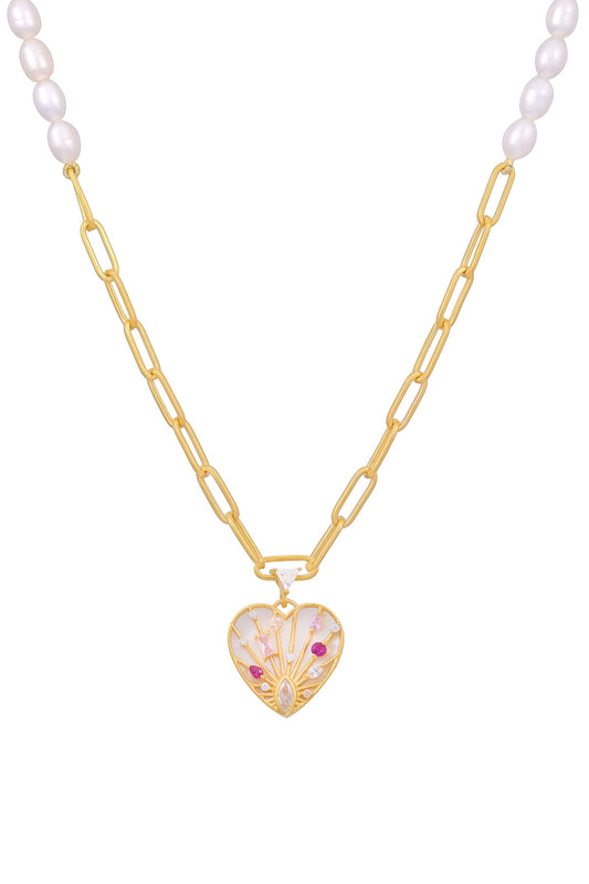 Gold Plated Mother Of Pearl & Cubic Zirconia Heart Pendant Necklace In Sterling Silver