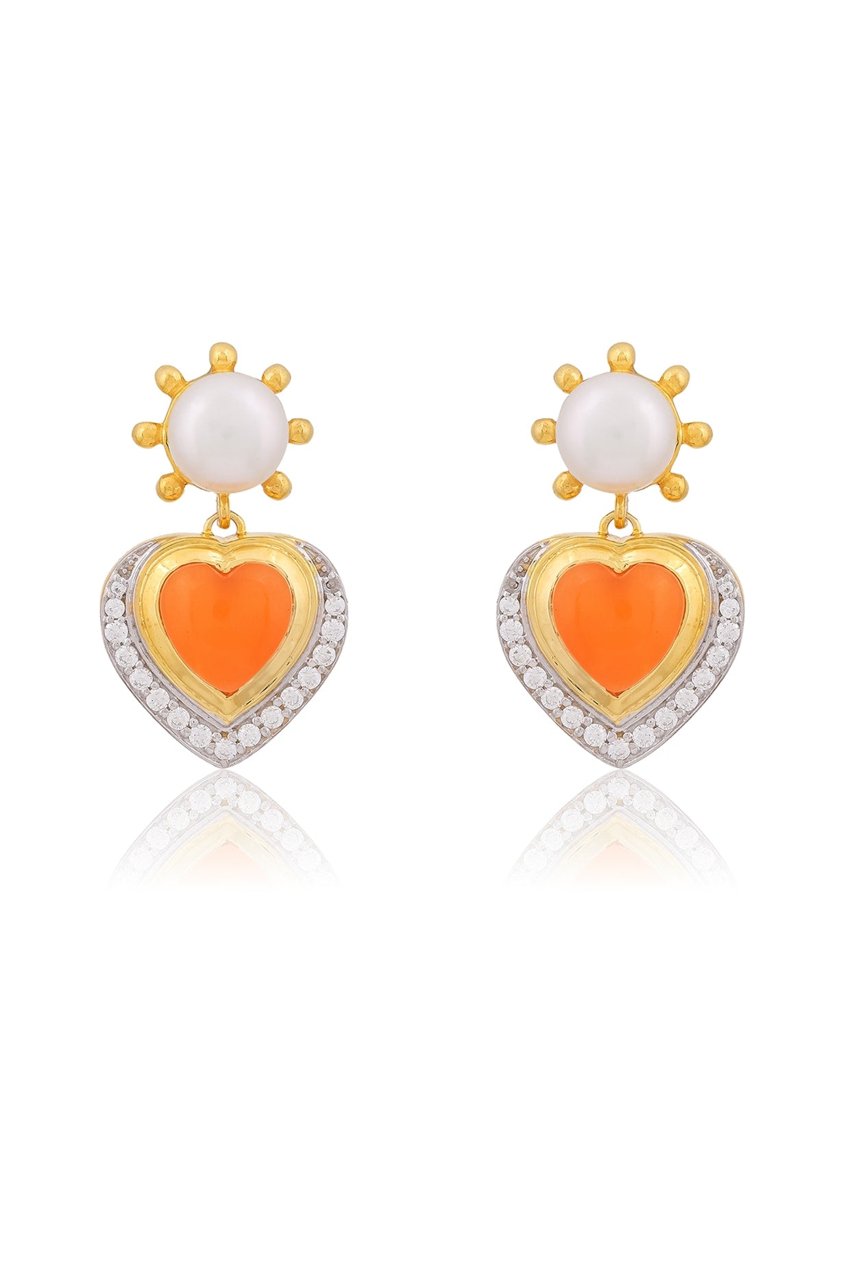 Gold Plated Carnelian Stone & CZ Heart Stud Earrings In Sterling Silver