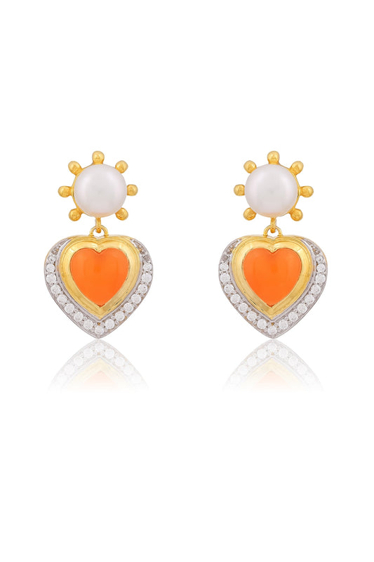 Gold Plated Carnelian Stone & CZ Heart Stud Earrings In Sterling Silver