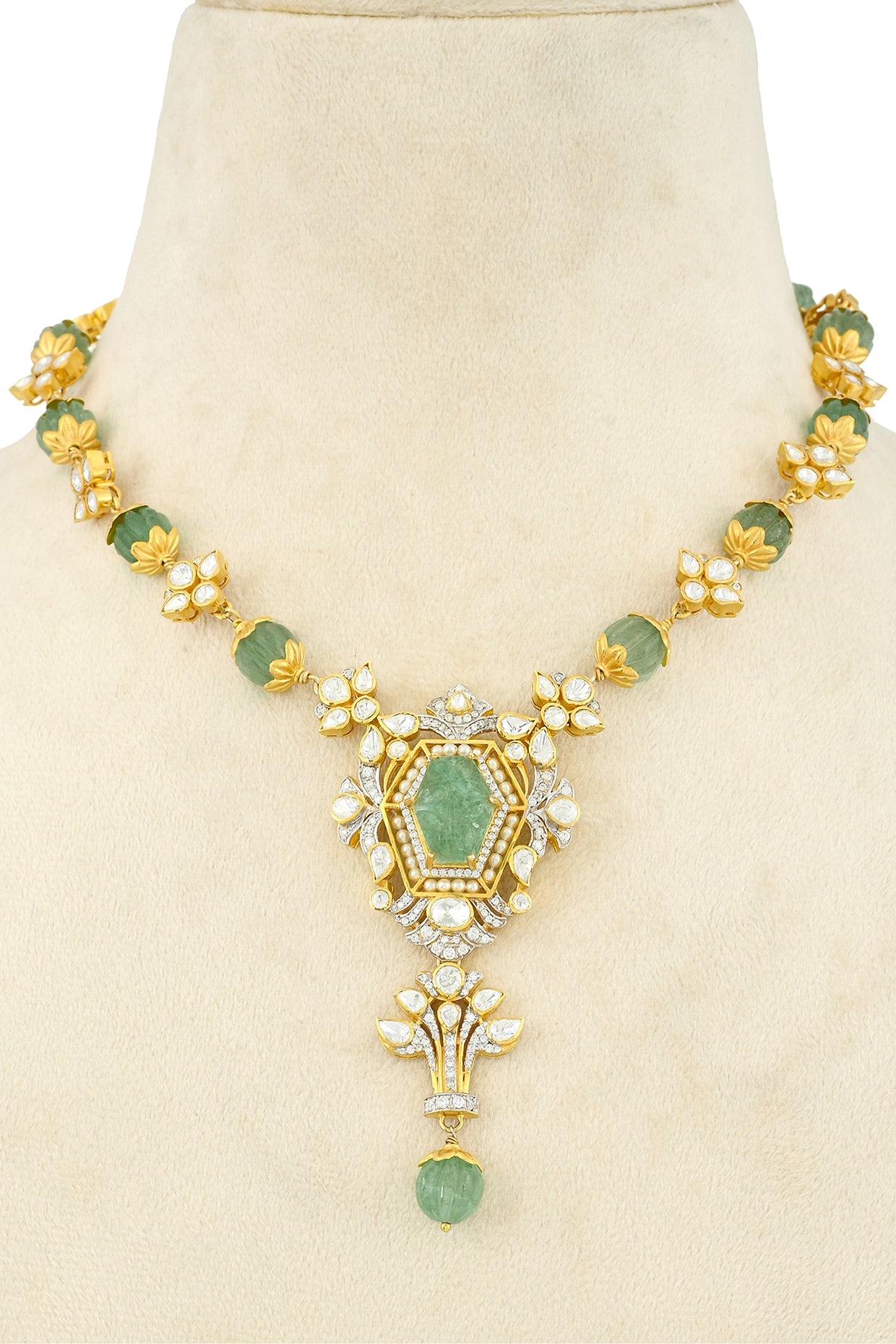 Gold Plated Moissanite Polki & Natural Aventurine Quartz Long Necklace In Sterling Silver