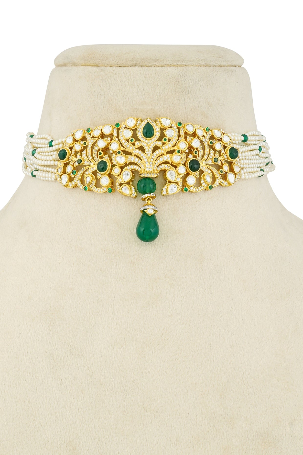 Gold Plated Moissanite Polki & Natural Green Onyx Choker Necklace In Sterling Silver